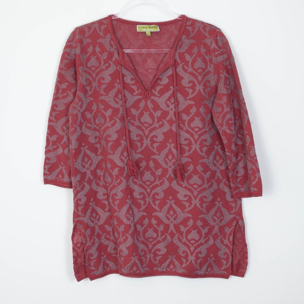 Sigrid Olsen Womens Tunic Sweater Tassels Metallic Size Large 3/4 Sleeve Boho